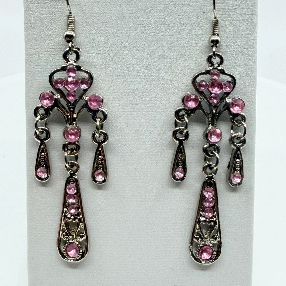 VTG Pink Rhinestone Chandelier Dangle Earrings Silver Tone Goth Fairycore Retro